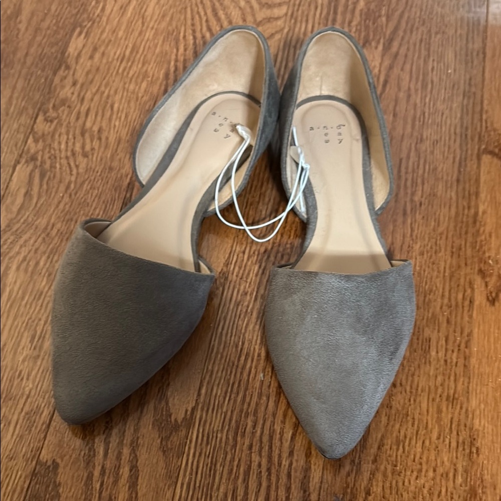 Gray Suede Pointed-Toe Flats with Ankle Strap